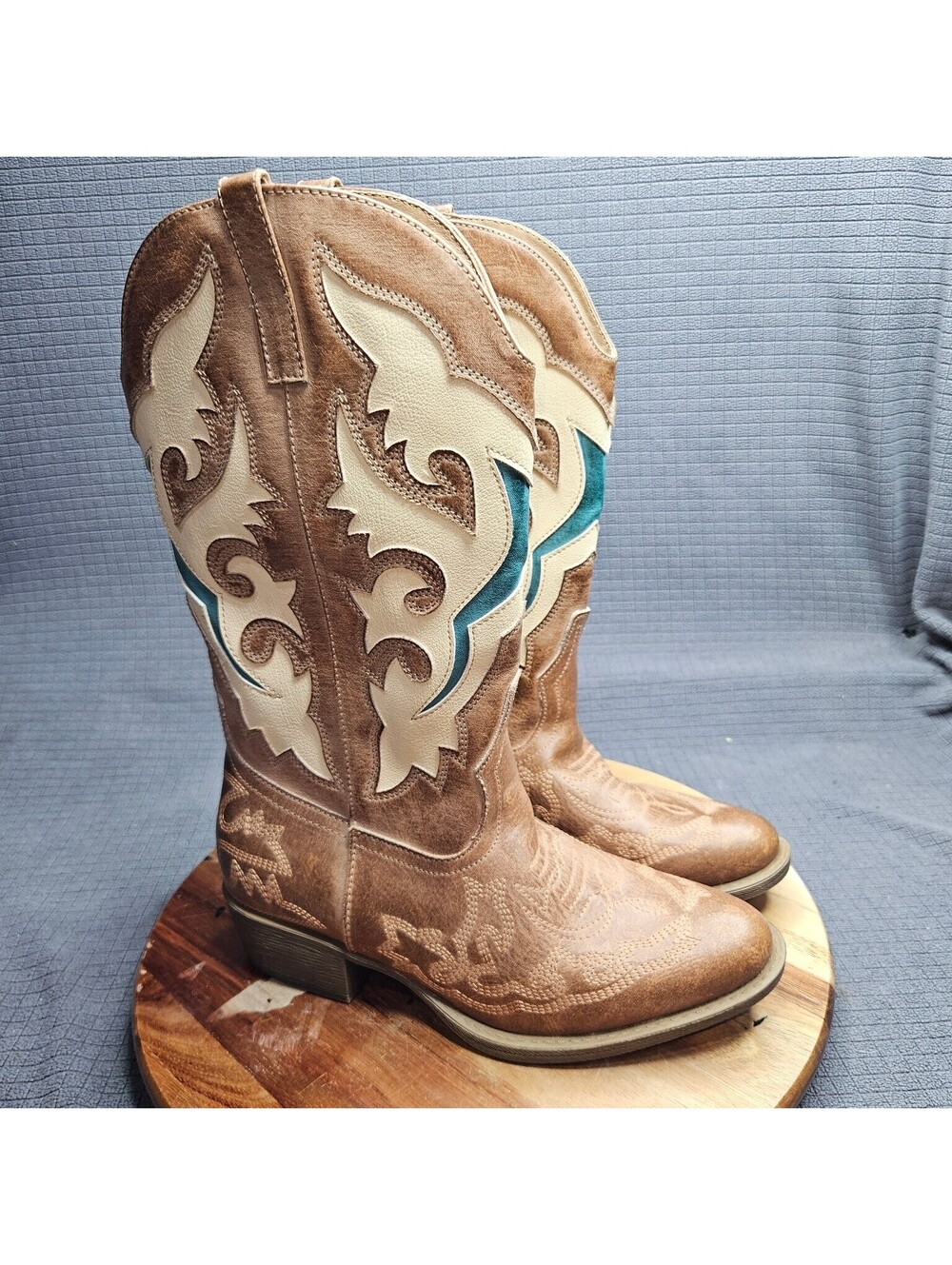 Coconuts by Matisse Boots Women's 8 Brown Cream Teal Western Cowboy Block Heel